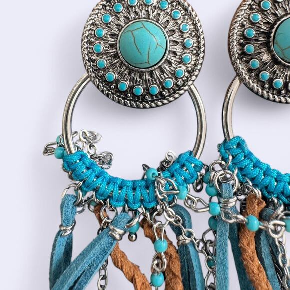 NEW JUSTIN TURQUOISE DANGLE  EARRINGS WESTERN FESTIVAL VIBES - Picture 2 of 2